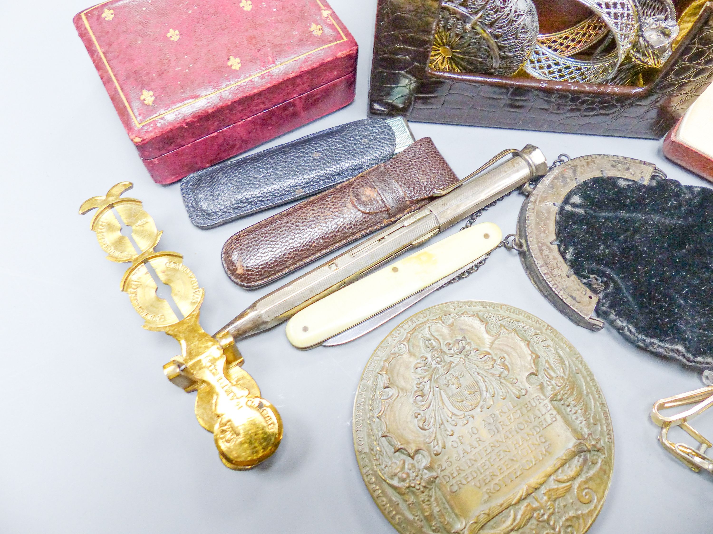 A vintage 'Marvin Hermetic' watch, various pens, a penknife, a set of guinea scales, costume jewellery and sundry items.